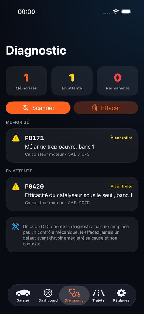 Diagnostic : codes P0171 et P0420. Barre d’onglets antérieure à l’onglet Carburant.