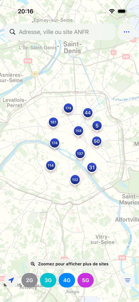 Wavy — carte des sites mobiles avec filtres 2G, 3G, 4G et 5G